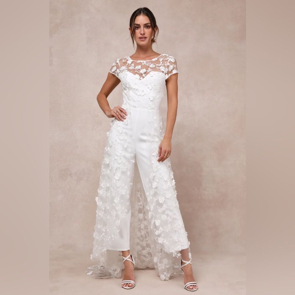 Lulus Sophisticated Passion White Floral Embroidered Overlay Jumpsuit
